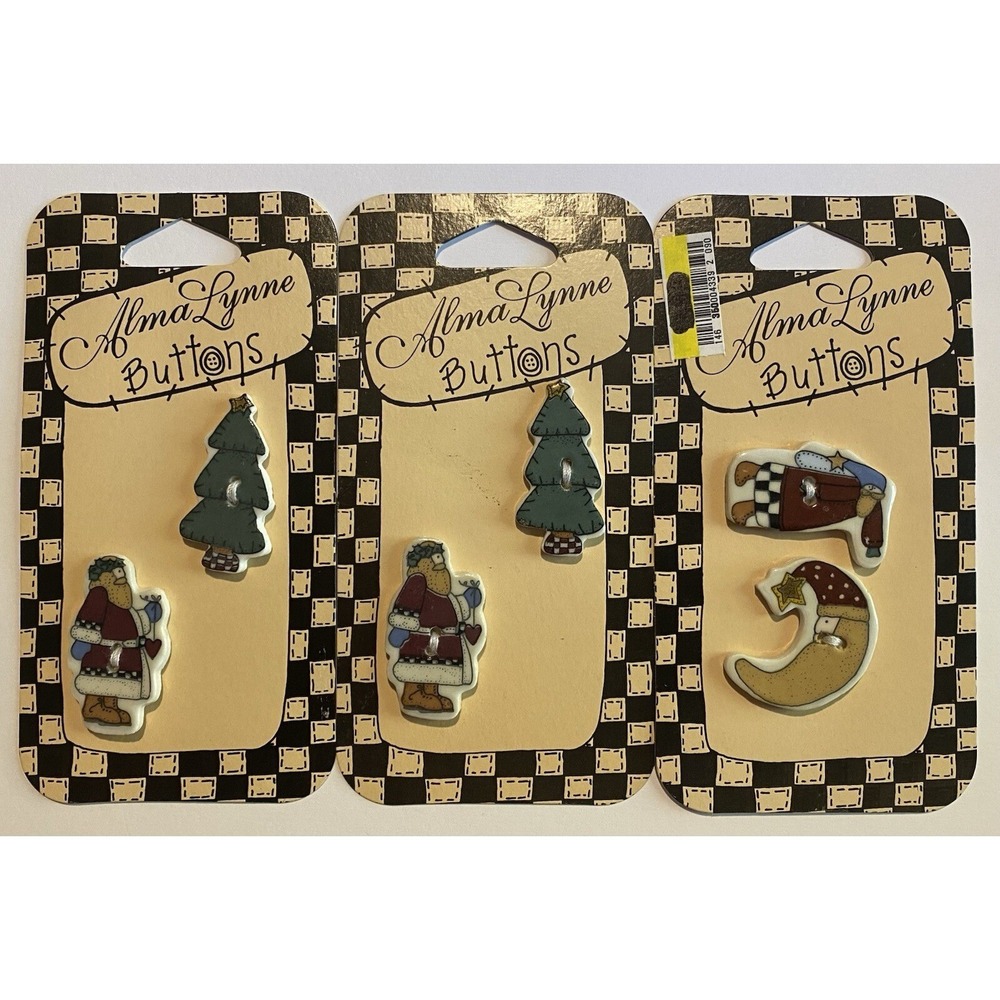 Alma Lynne Christmas Buttons Lot of 3 Packs Santa Tree Moon Ceramic Vintage 1997